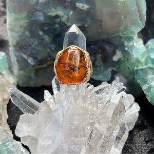 Amber & Gold Women’s Ring Ants Preserved In Tree Resin Artisan Wire Wrap
